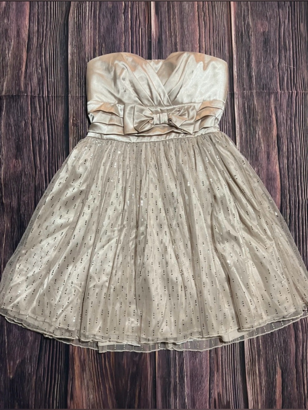 Trixxi Strapless Champagne Sparkle Tulle Dress with Waist Bow - Picture 2 of 7